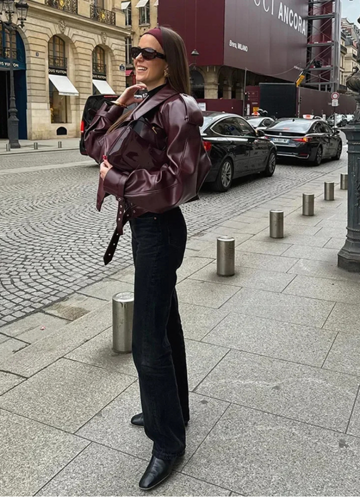 Audace Parisienne Veste Oversize Effet Cuir Ceinture, Style Moderne & Élégant Femme, vue 3