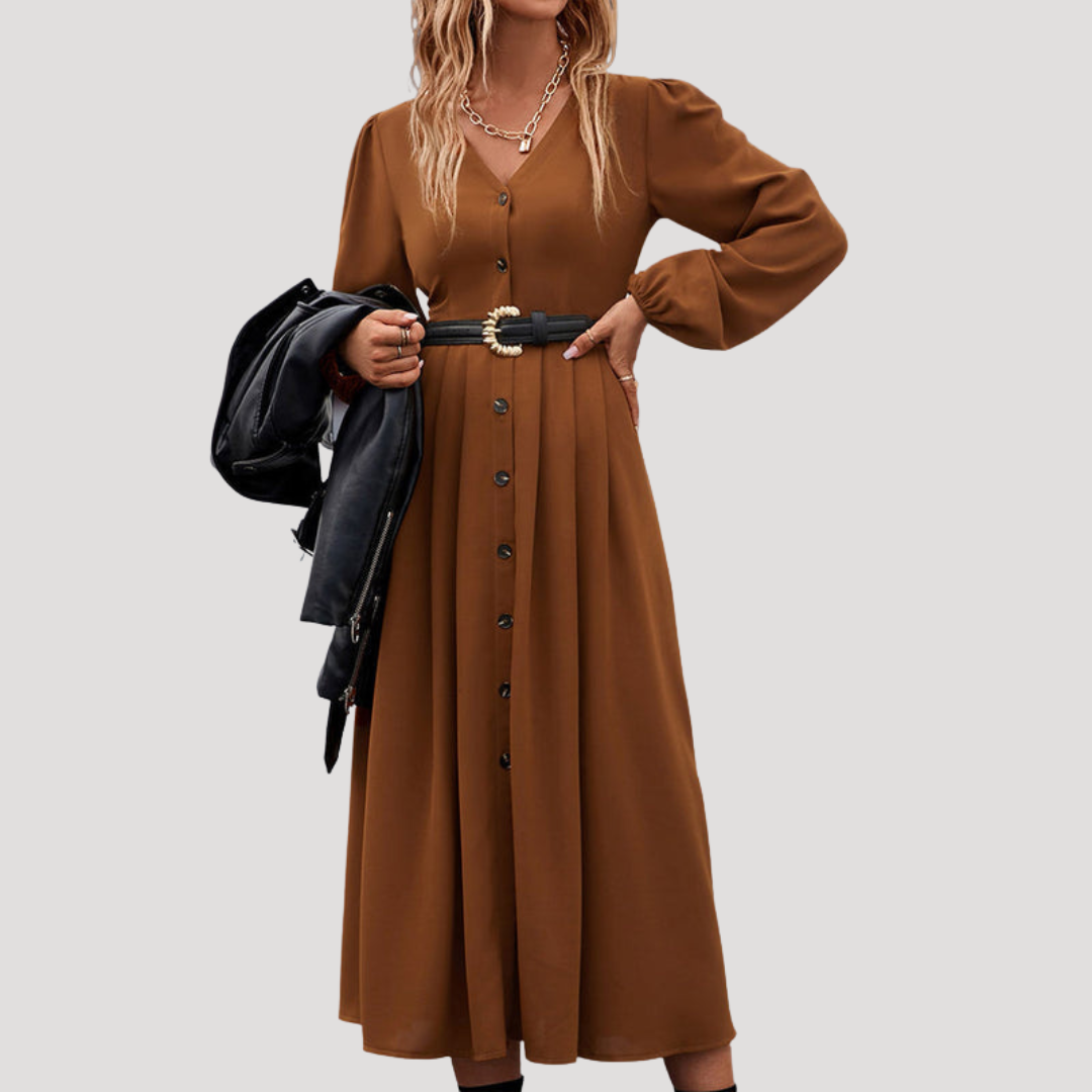Robe Midi Femme Boutonnée Manches Longues