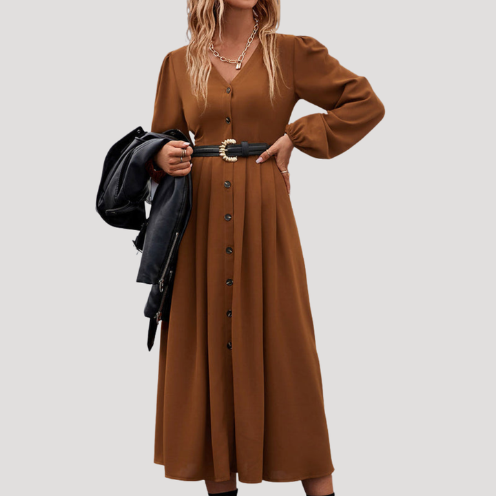 Robe Midi Femme Boutonnée Manches Longues
