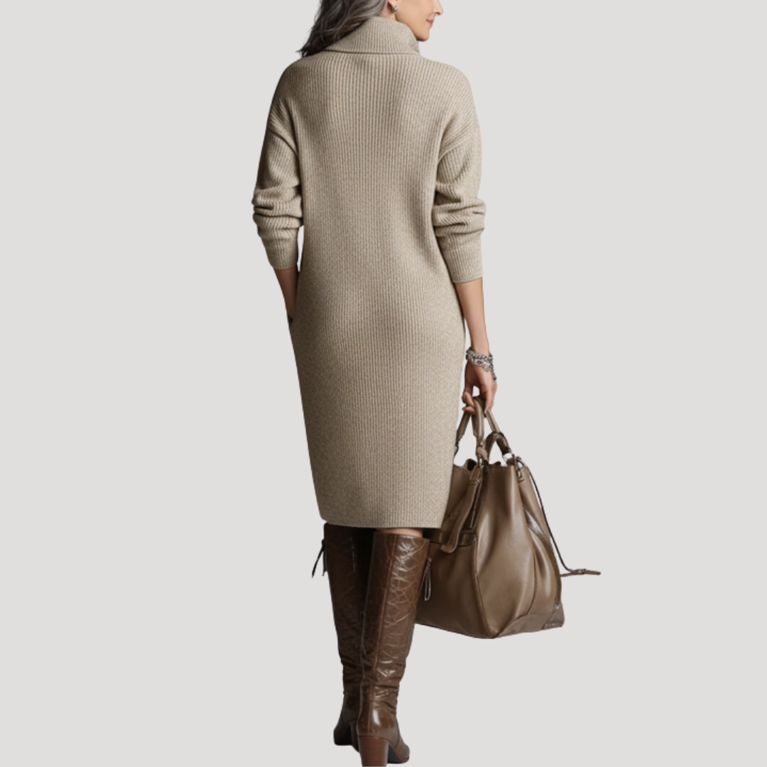 Robe Midi Femme Côtelée à Col Montant
