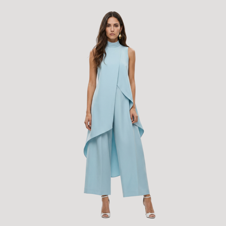 Elegant Women's Two-Piece Set with Asymmetric Long Top and Wide-Leg Trousers