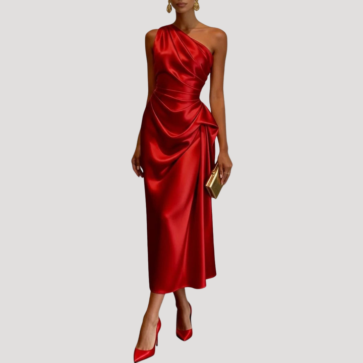 Robe Midi Satinée Une Épaule Femme