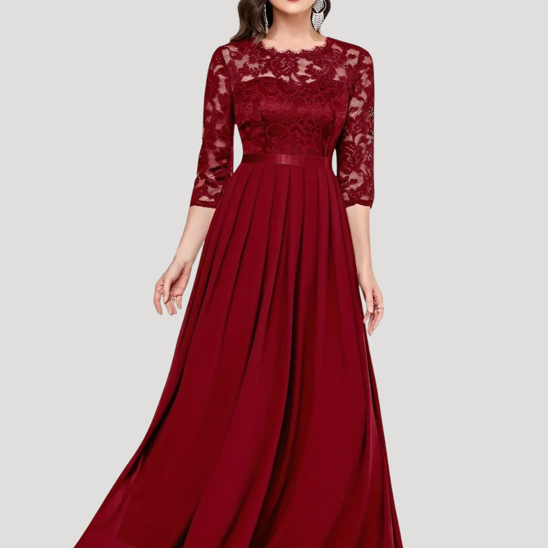Robe Longue Femme Plissée avec Corsage en Dentelle et Manches 3/4
