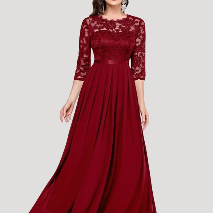 Robe Longue Femme Plissée avec Corsage en Dentelle et Manches 3/4
