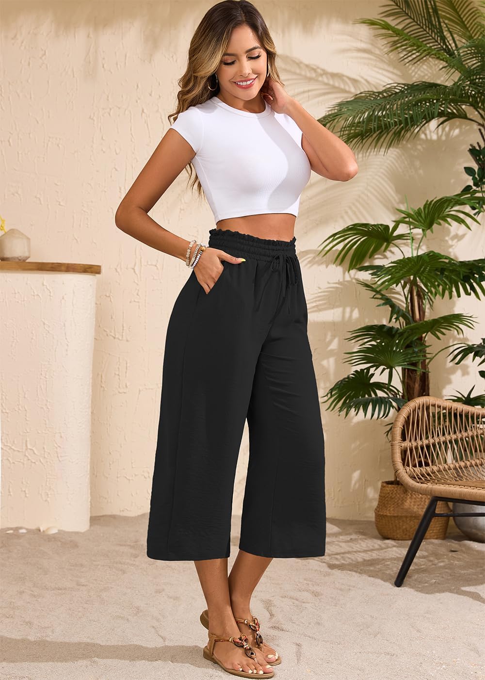 Joanna Pantalon Femme Capri Coupe Large, Taille Haute Élastique, Léger Été Chic, vue 2