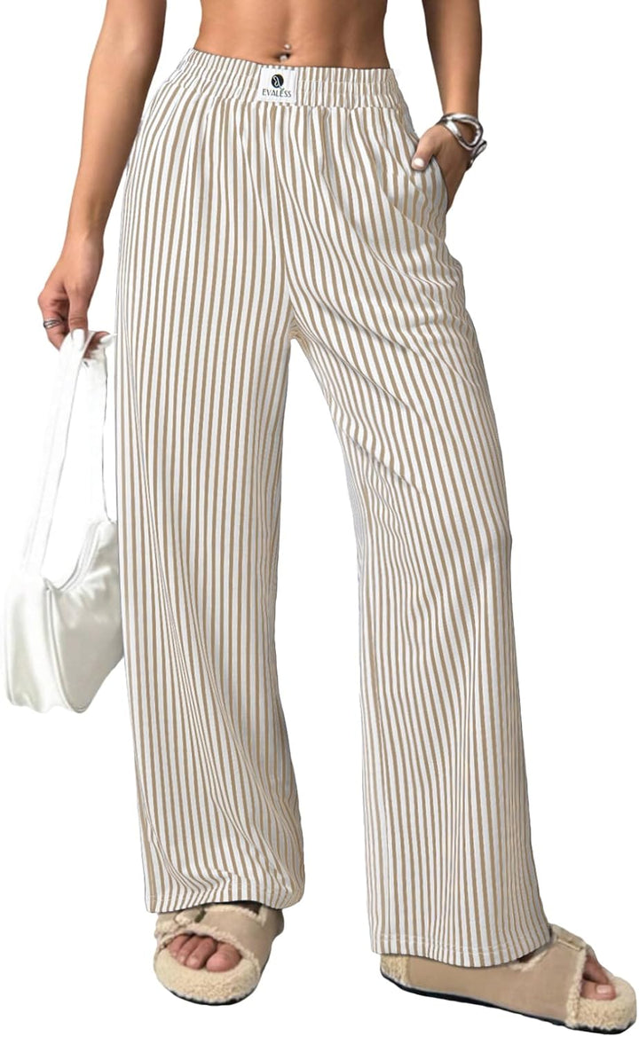 Verna Pantalon Femme Rayé Coupe Large Fluide, Taille Haute Élastique Lounge Été, vue 4