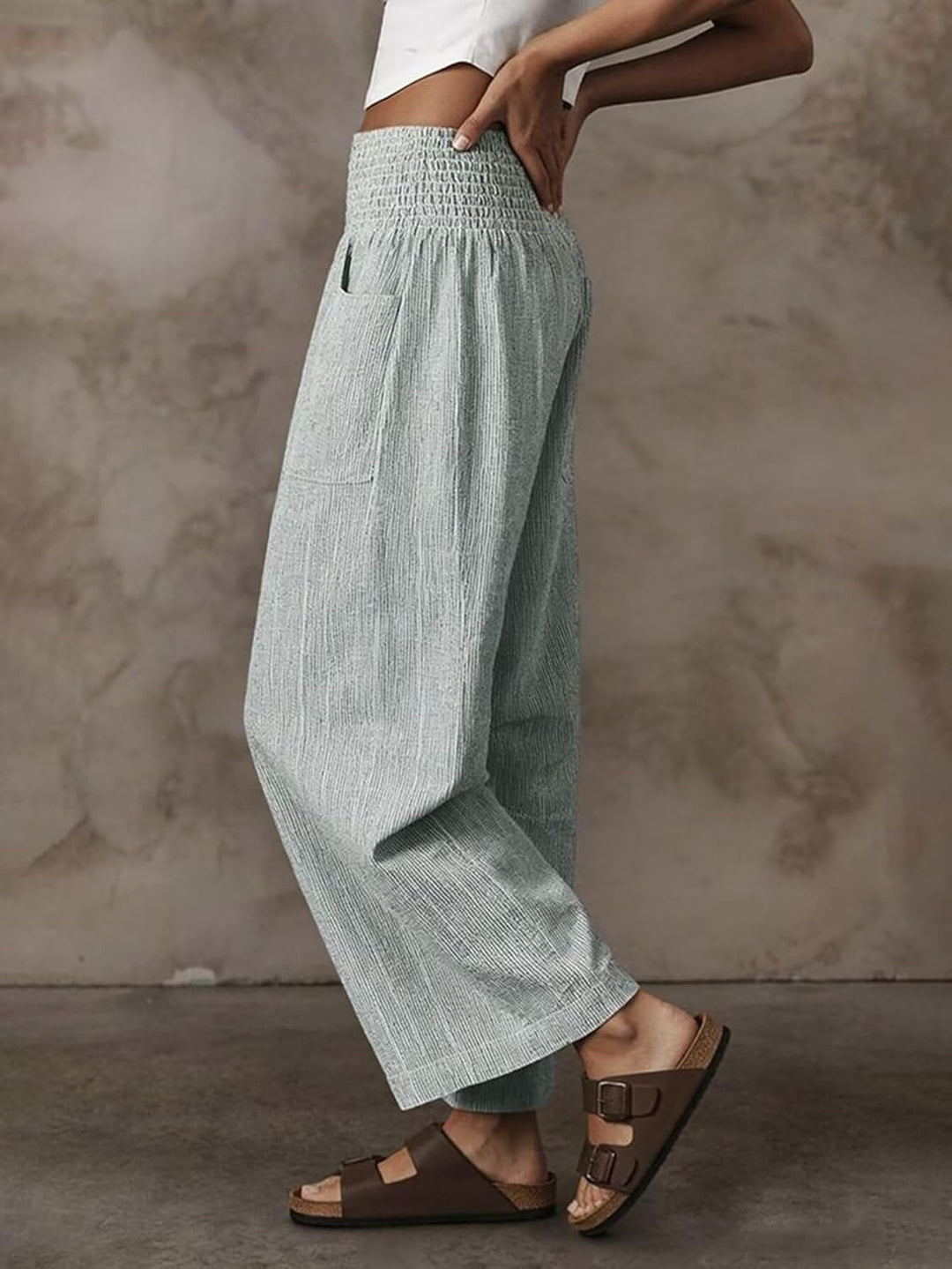 Wella Pantalon Femme Barrel Coupe Large, Taille Haute Smockée, Casual Chic Été, vue 3