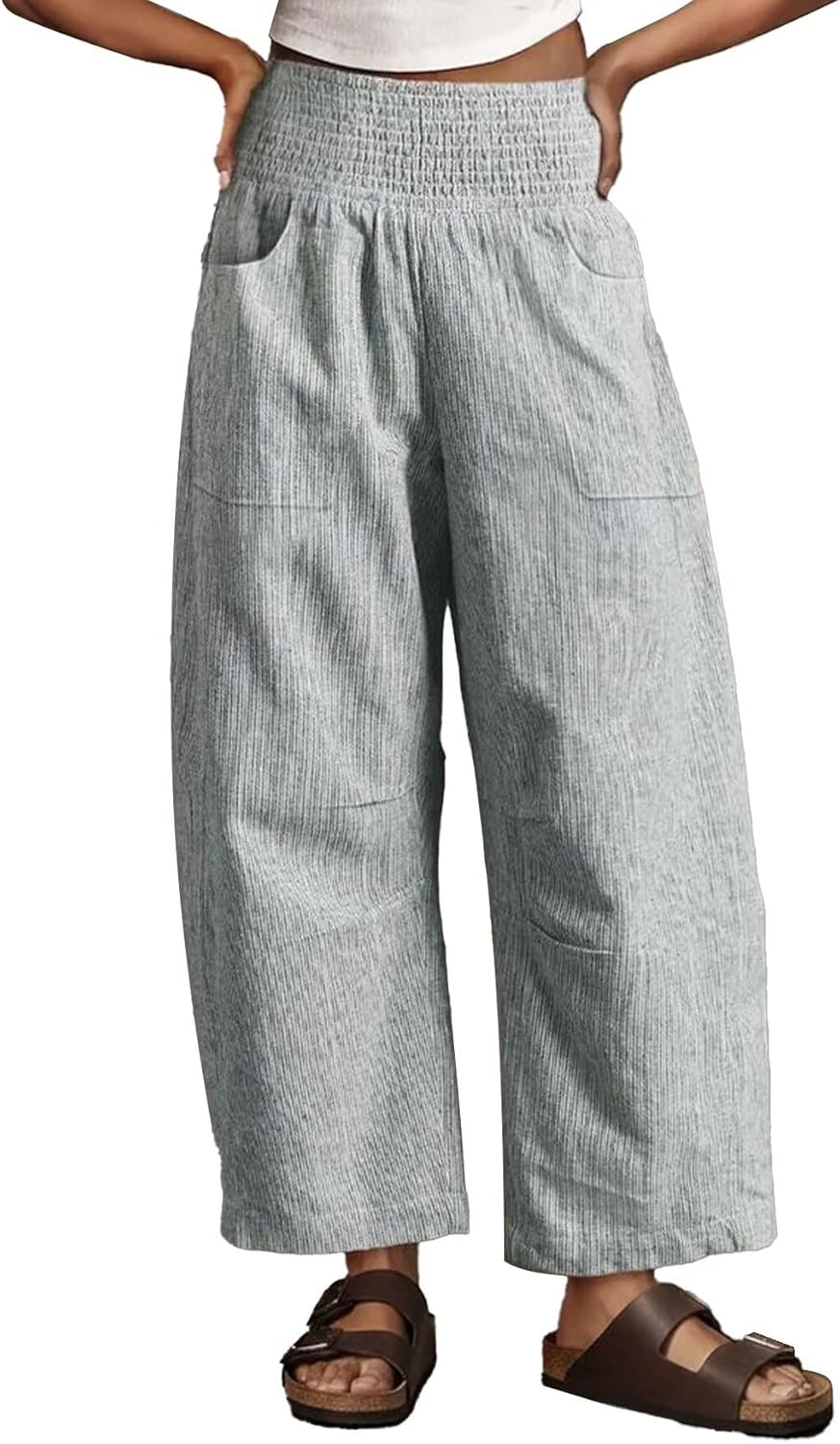 Wella Pantalon Femme Barrel Coupe Large, Taille Haute Smockée, Casual Chic Été, vue 4