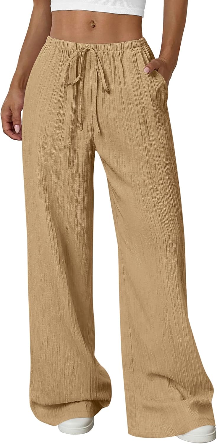 Jessica Pantalon Femme Palazzo Large Taille Haute Cordon & Poches Été