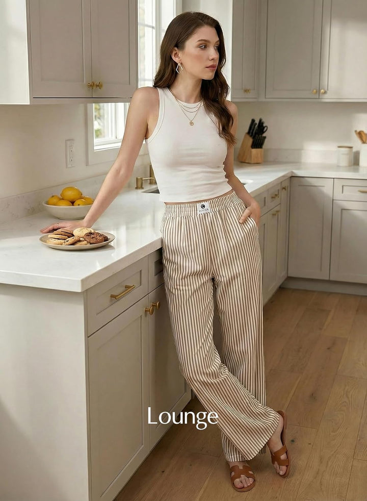 Verna Pantalon Femme Rayé Coupe Large Fluide, Taille Haute Élastique Lounge Été, vue 3