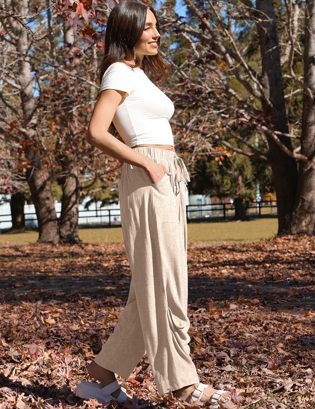 Mercedes Pantalon Femme Lin Harem Coupe Large, Taille Élastique, Style Décontracté, vue 3