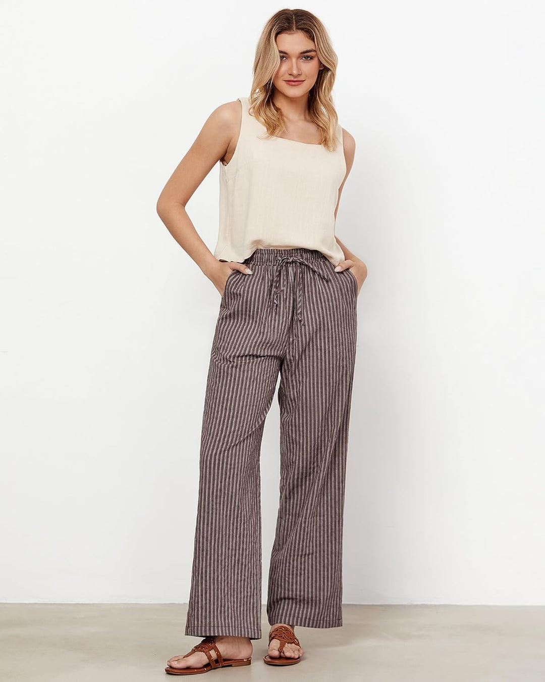 Julie Pantalon Femme Rayé Lin Coupe Large, Taille Haute Élastique Été Chic, vue 3