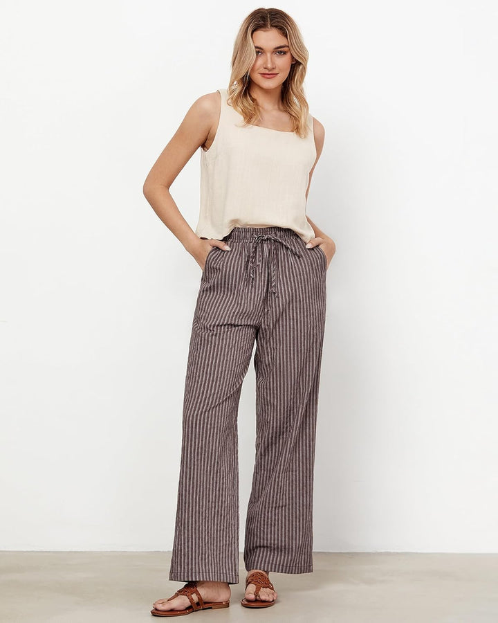 Julie Pantalon Femme Rayé Lin Coupe Large, Taille Haute Élastique Été Chic, vue 3