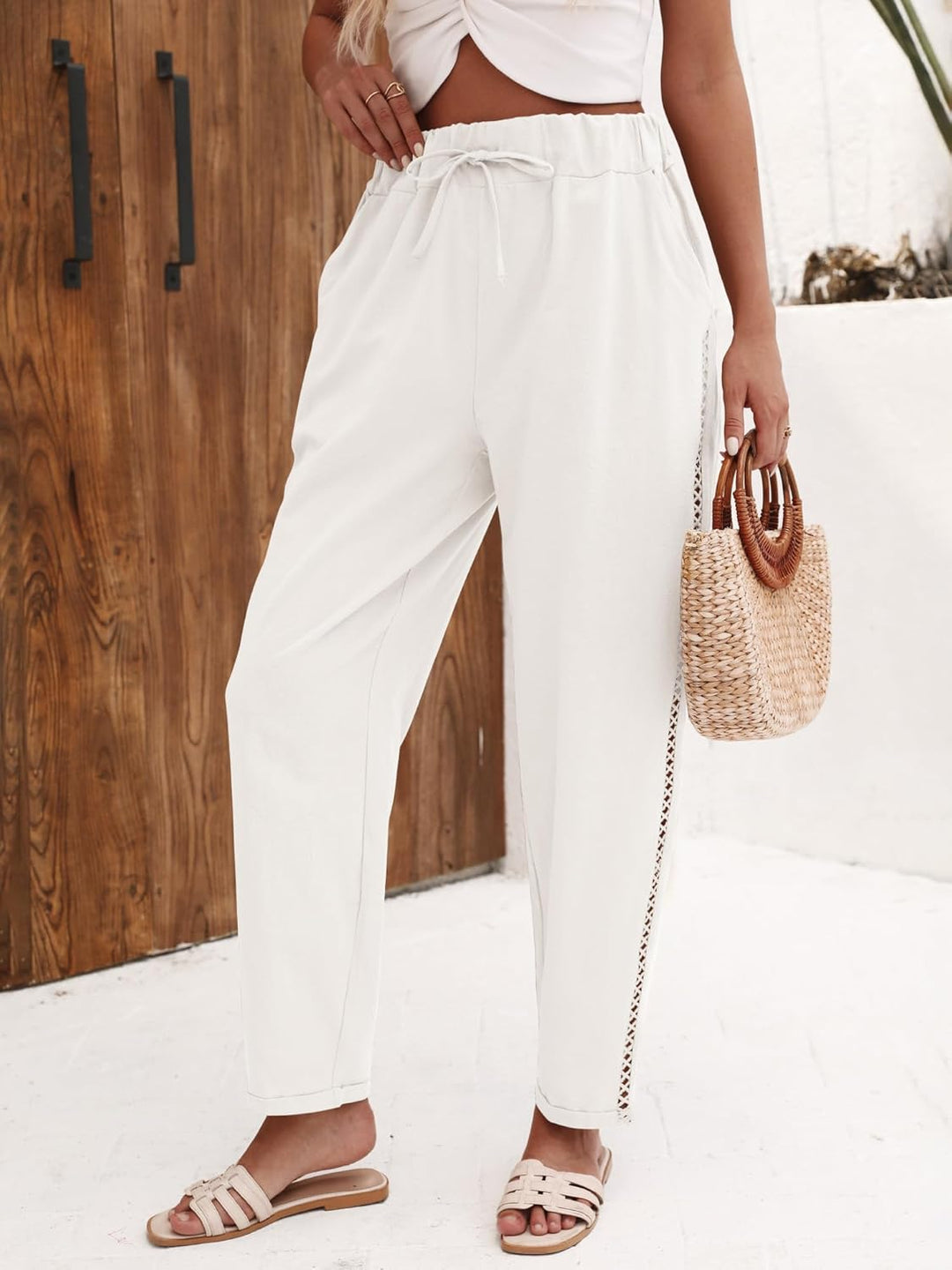 Jemaya Pantalon Femme Lin Capri Taille Élastique Cordon, Léger Été Petite Chic, vue 8