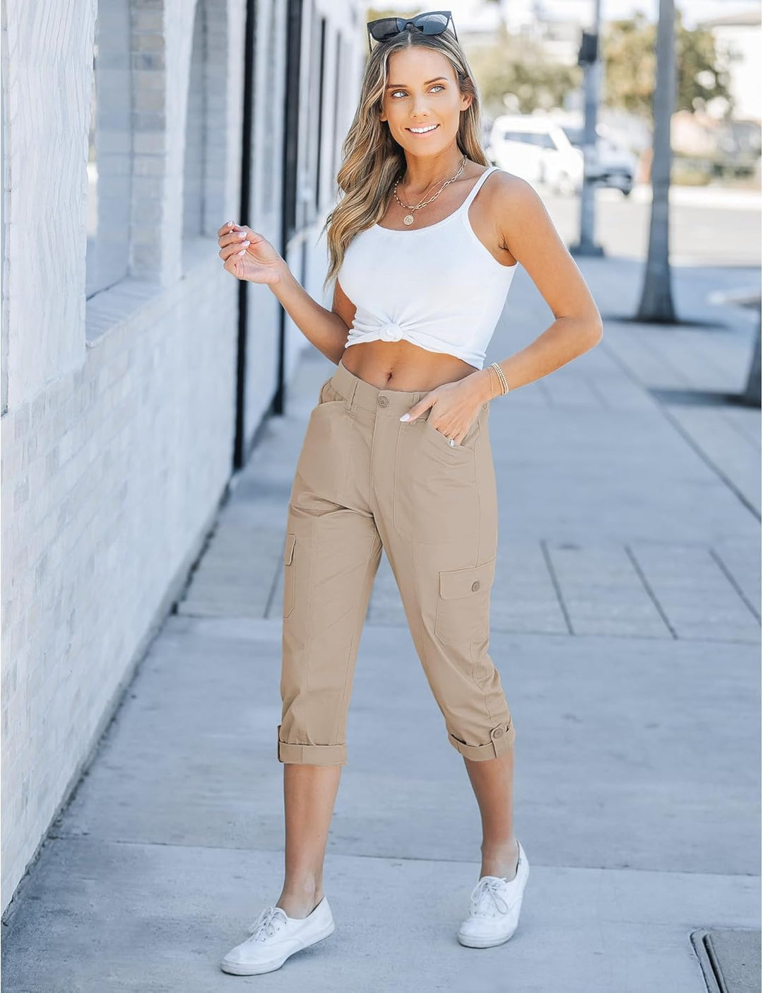 Laurice Pantalon Femme Cargo Capri Taille Haute Élastique, Multi Poches Décontracté
