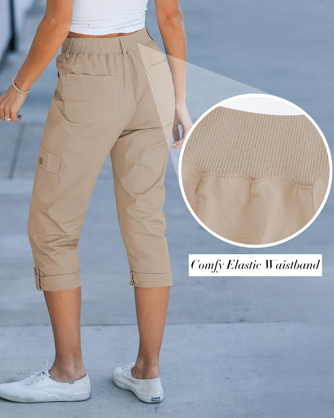 Laurice Pantalon Femme Cargo Capri Taille Haute Élastique, Multi Poches Décontracté, vue 4