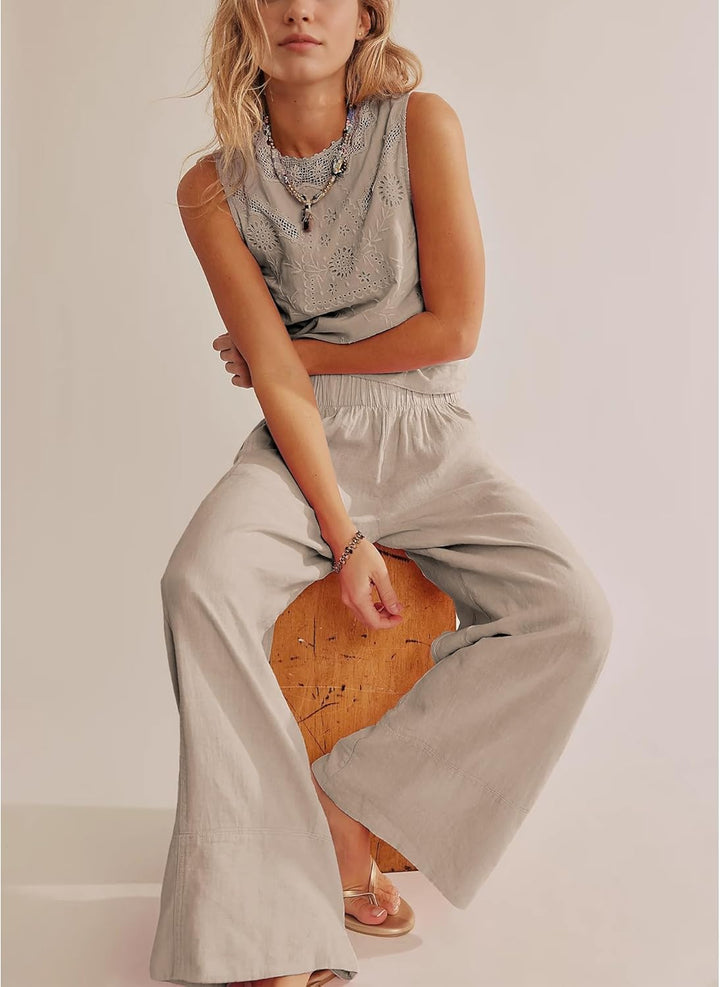Milan Pantalon Femme Pantalon Lin Palazzo Large Taille Élastique & Poches