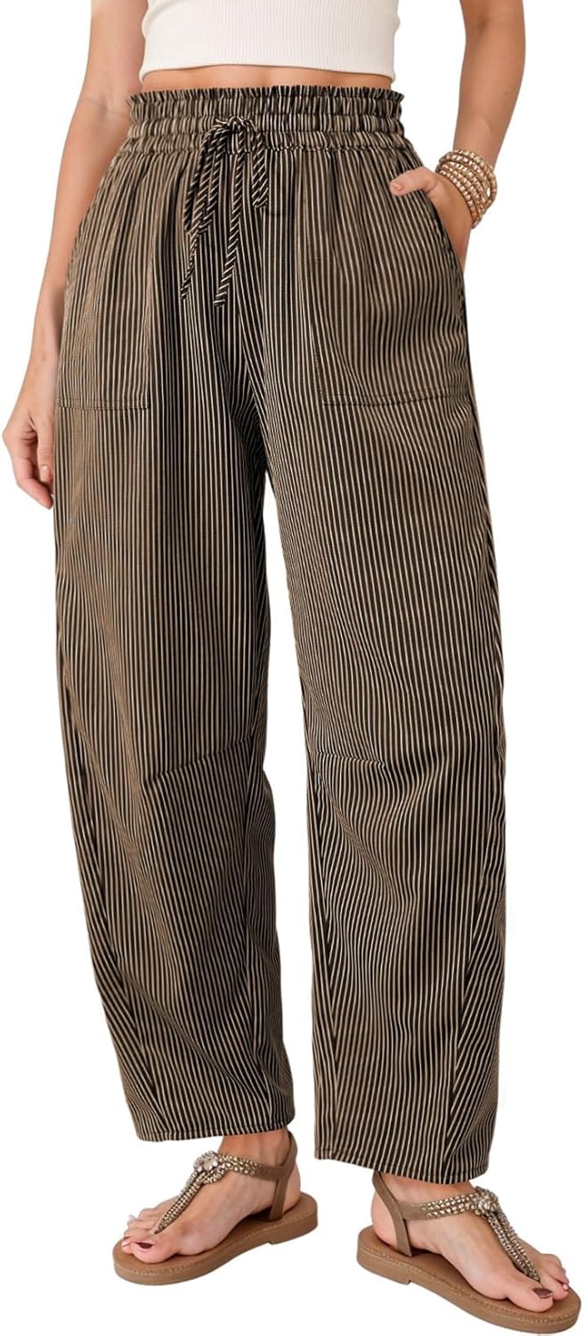Inès Pantalon Femme Pantalon Barrel Rayé Taille Haute & Cordon Été, vue 2