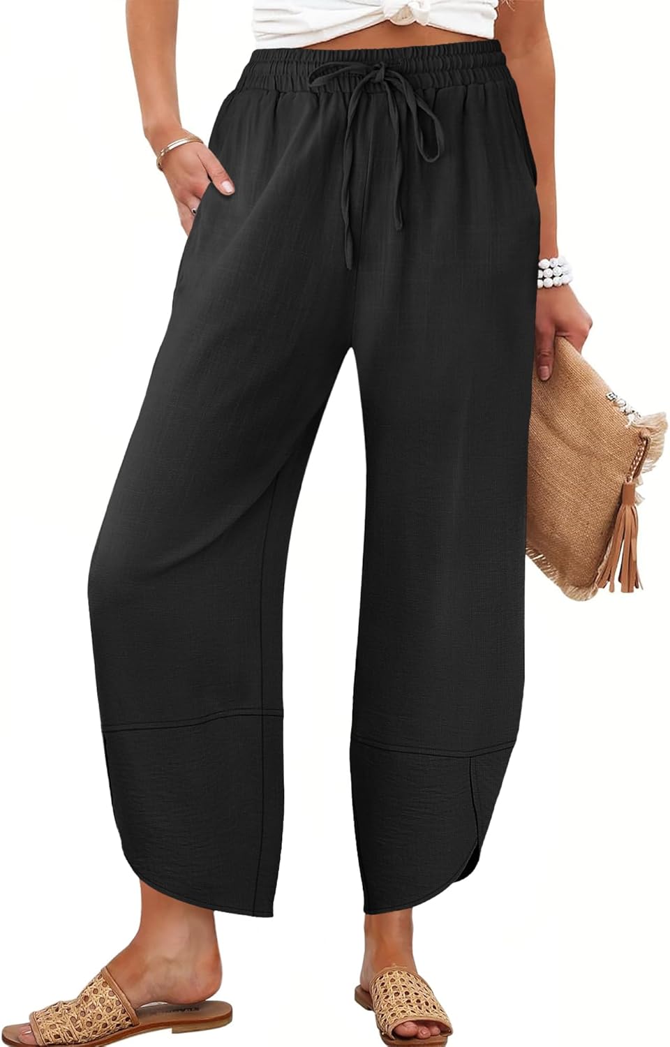 Vivian Pantalon Femme Capri Palazzo Large Taille Élastique & Poches Été, vue 2
