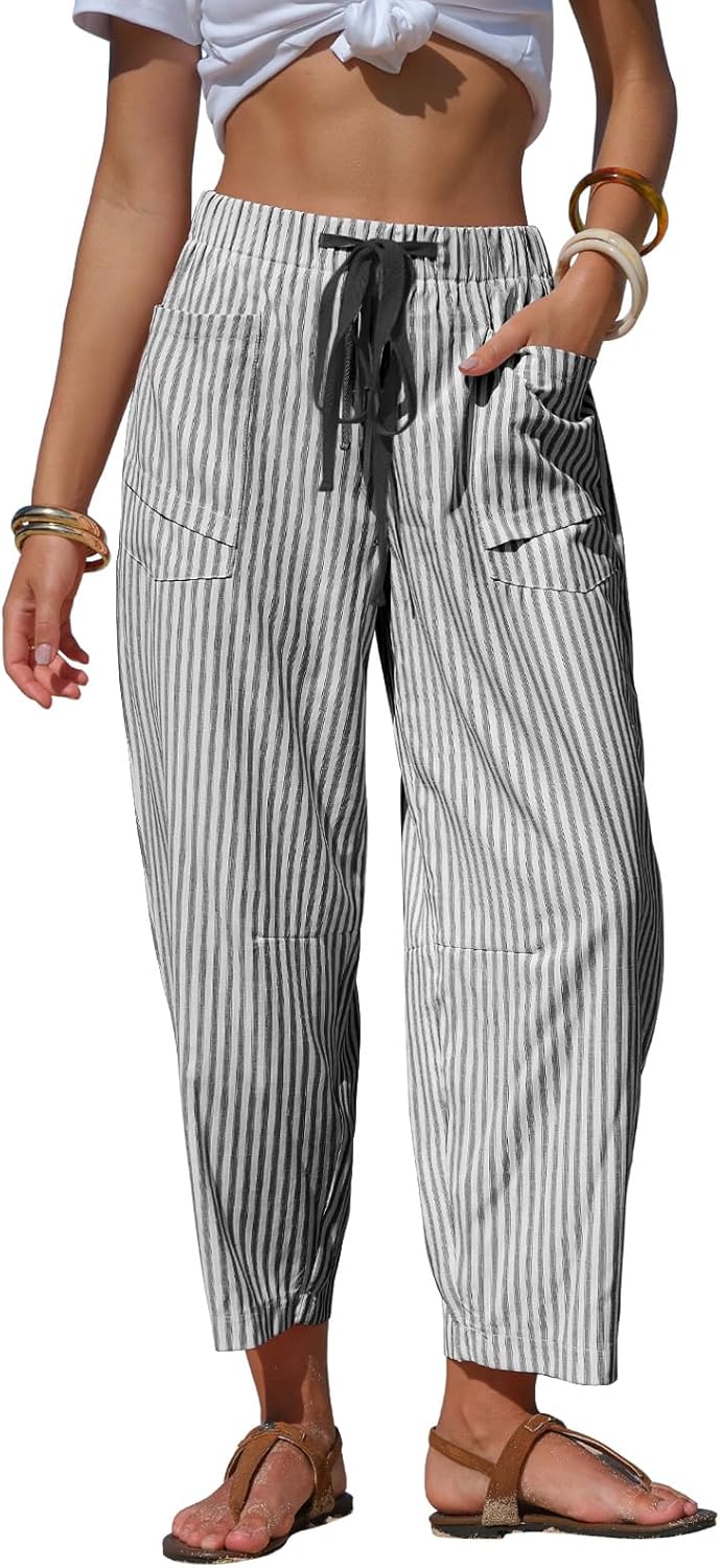 Laura Pantalon Femme Lin Rayé Coupe Large Capri, Taille Élastique, Léger Été, vue 2