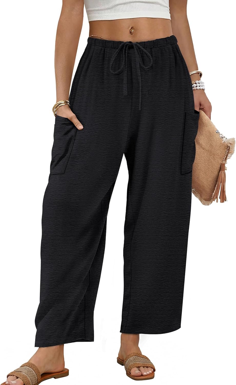 Maja Pantalon Femme Palazzo Large Fluide Taille Élastique & Poches Été, vue 2