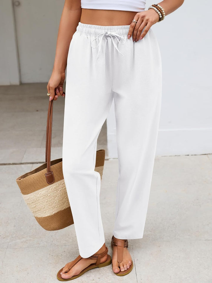 Merry Pantalon Femme Lin Coton Capri Léger, Taille Élastique, Décontracté Été, vue 3