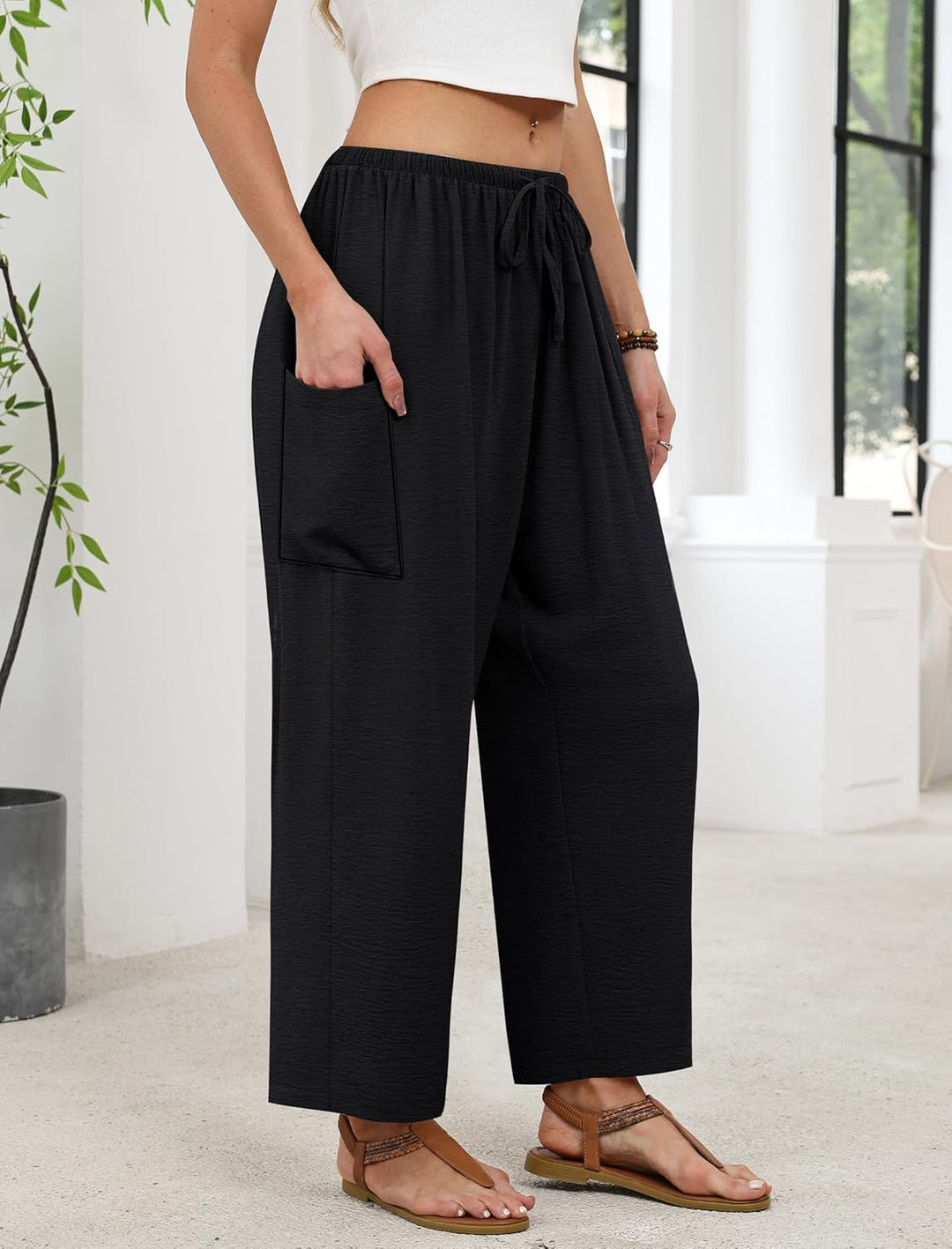 Maja Pantalon Femme Palazzo Large Fluide Taille Élastique & Poches Été