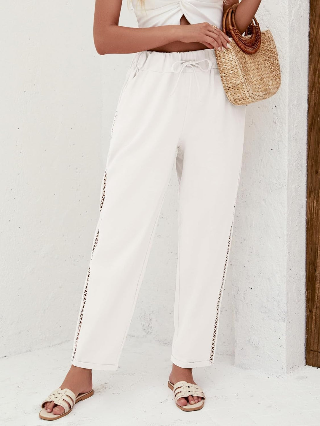 Jemaya Pantalon Femme Lin Capri Taille Élastique Cordon, Léger Été Petite Chic, vue 7