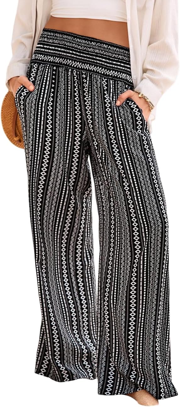 Lola Pantalon Femme Palazzo Fleuri Taille Smockée Large & Poches Été, vue 2