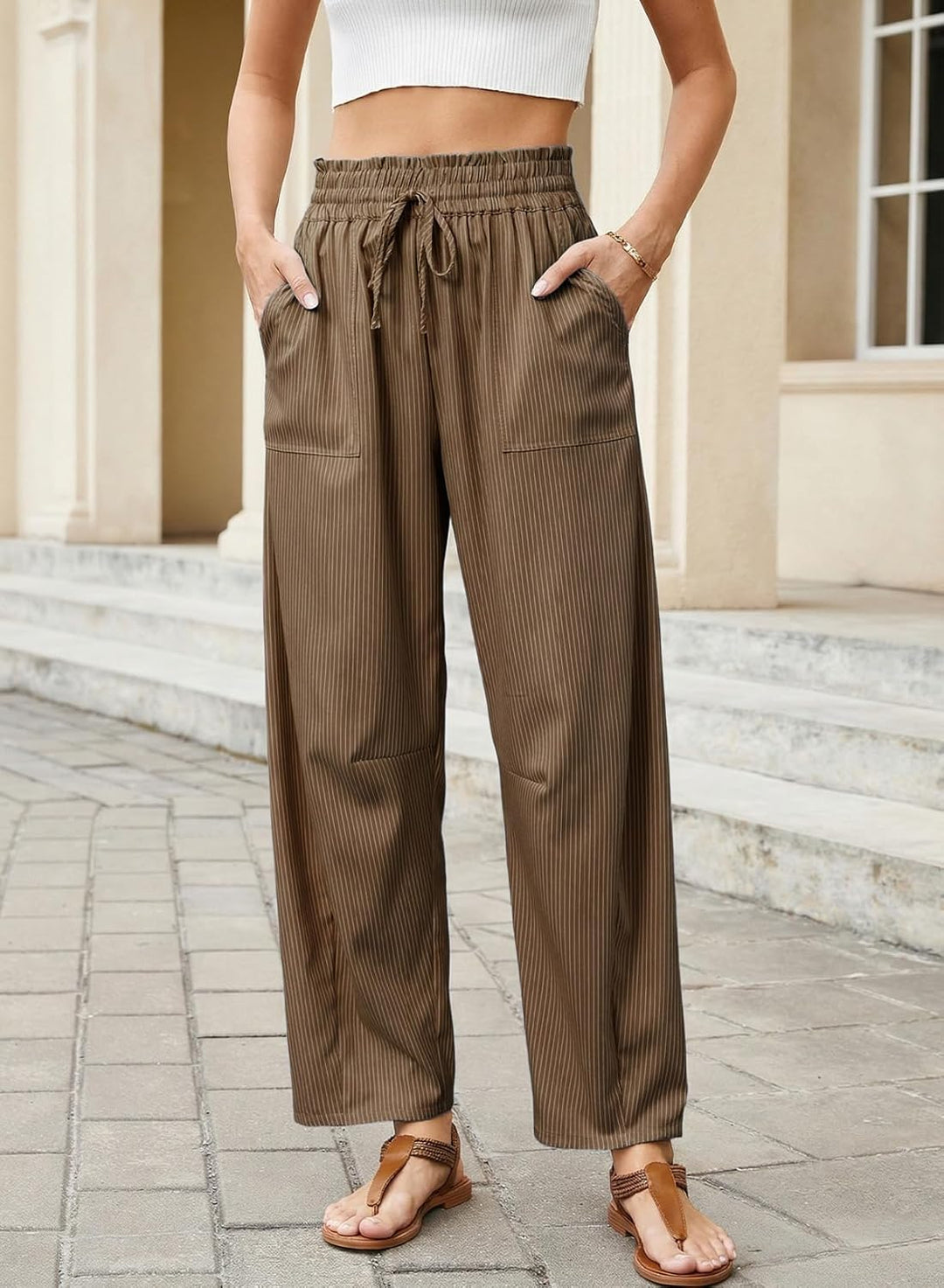 Inès Pantalon Femme Pantalon Barrel Rayé Taille Haute & Cordon Été, vue 3
