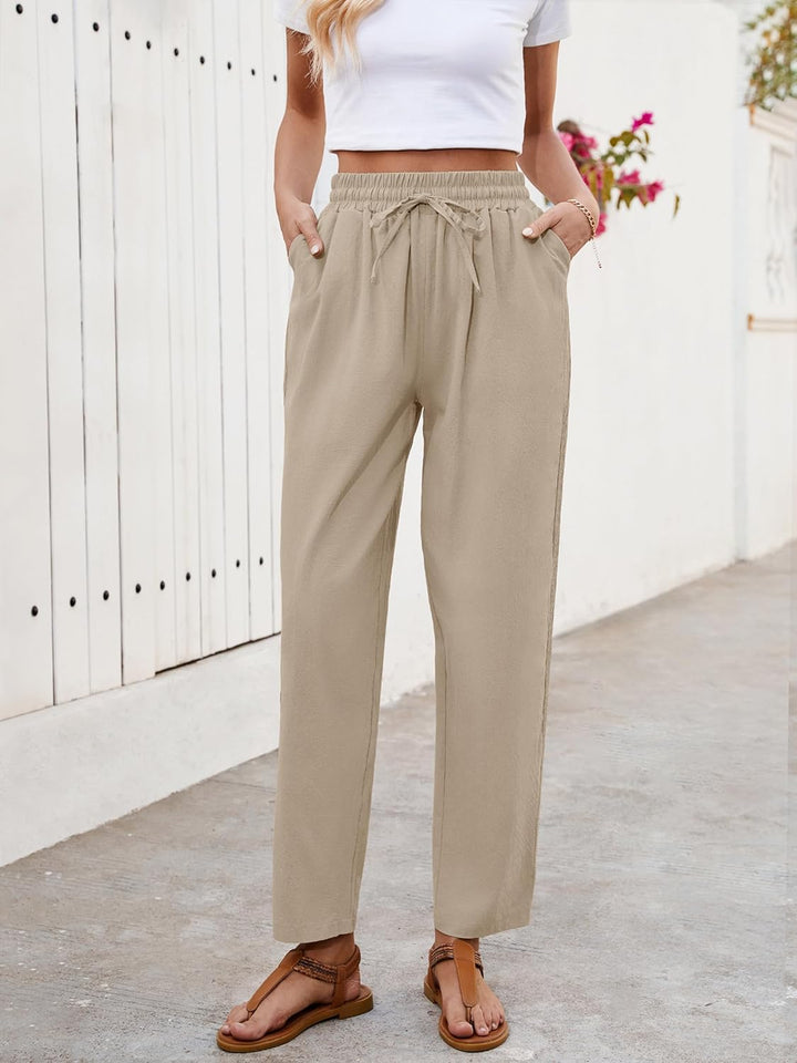 Ysabel Pantalon Femme Lin Capri Dentelle, Coupe Large, Taille Élastique Été Chic, vue 3