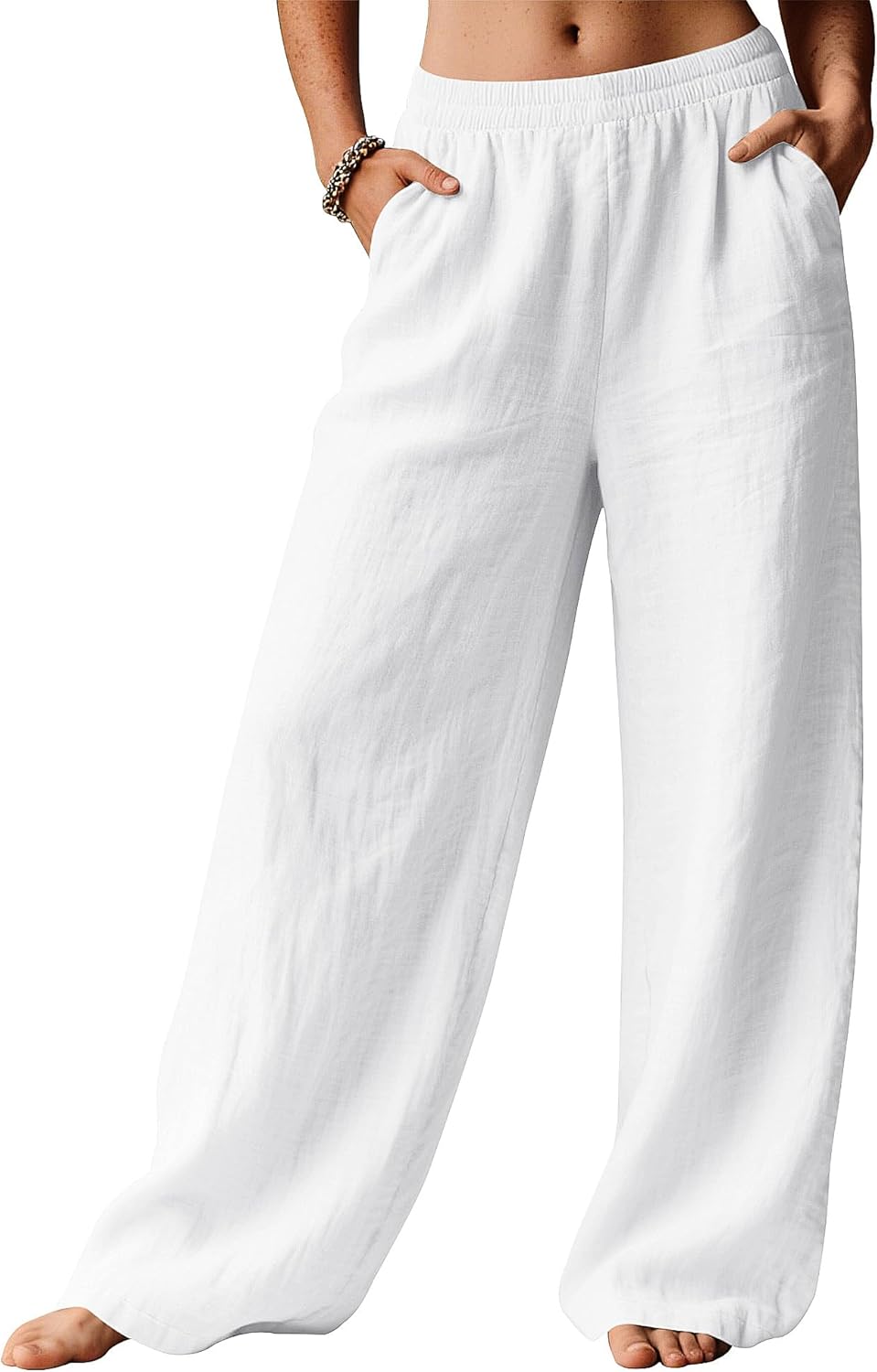 Linda Pantalon Femme Pantalon Lin Palazzo Taille Élastique & Poches Été, vue 3