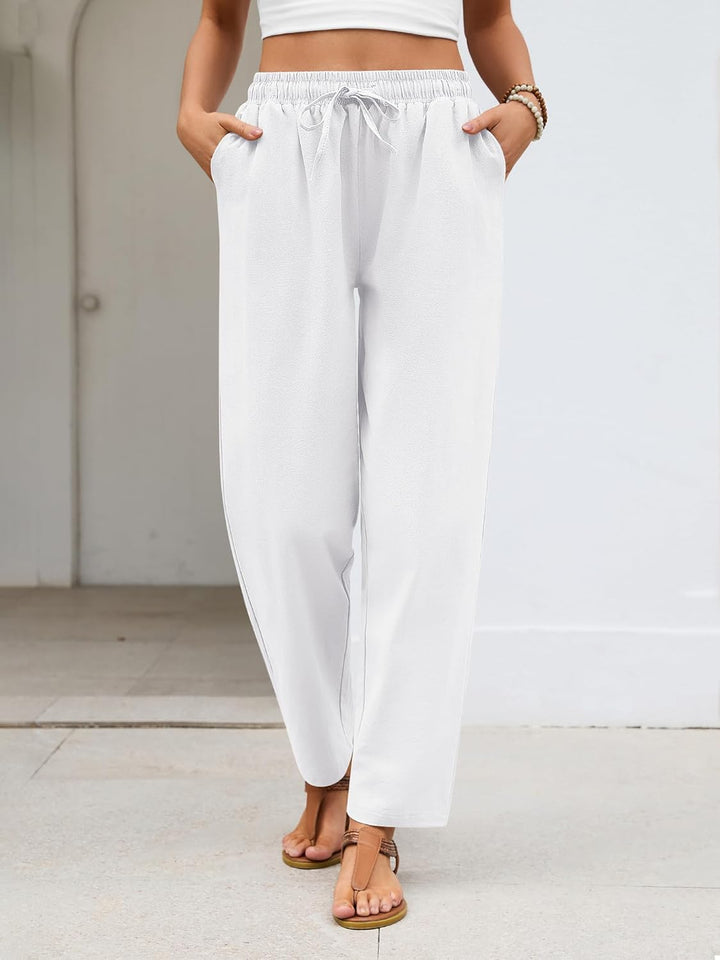 Merry Pantalon Femme Lin Coton Capri Léger, Taille Élastique, Décontracté Été, vue 4