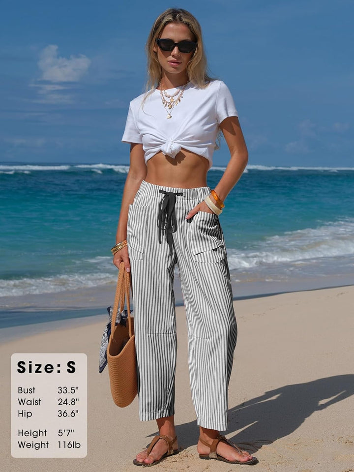 Laura Pantalon Femme Lin Rayé Coupe Large Capri, Taille Élastique, Léger Été