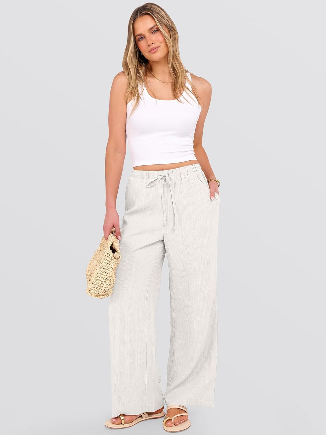 Malaya Pantalon Femme Pantalon Palazzo Large Taille Élastique & Poches Été