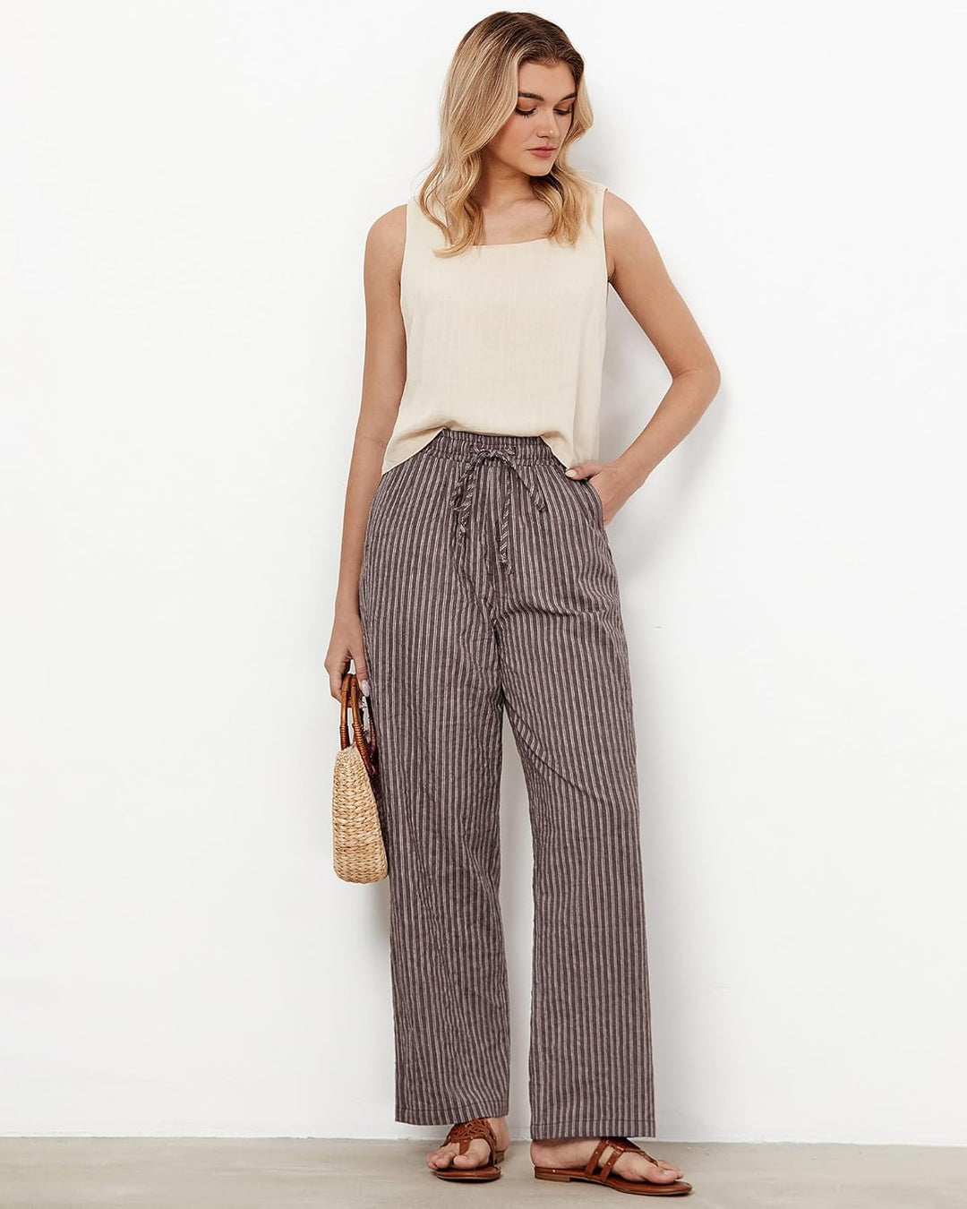 Julie Pantalon Femme Rayé Lin Coupe Large, Taille Haute Élastique Été Chic, vue 5
