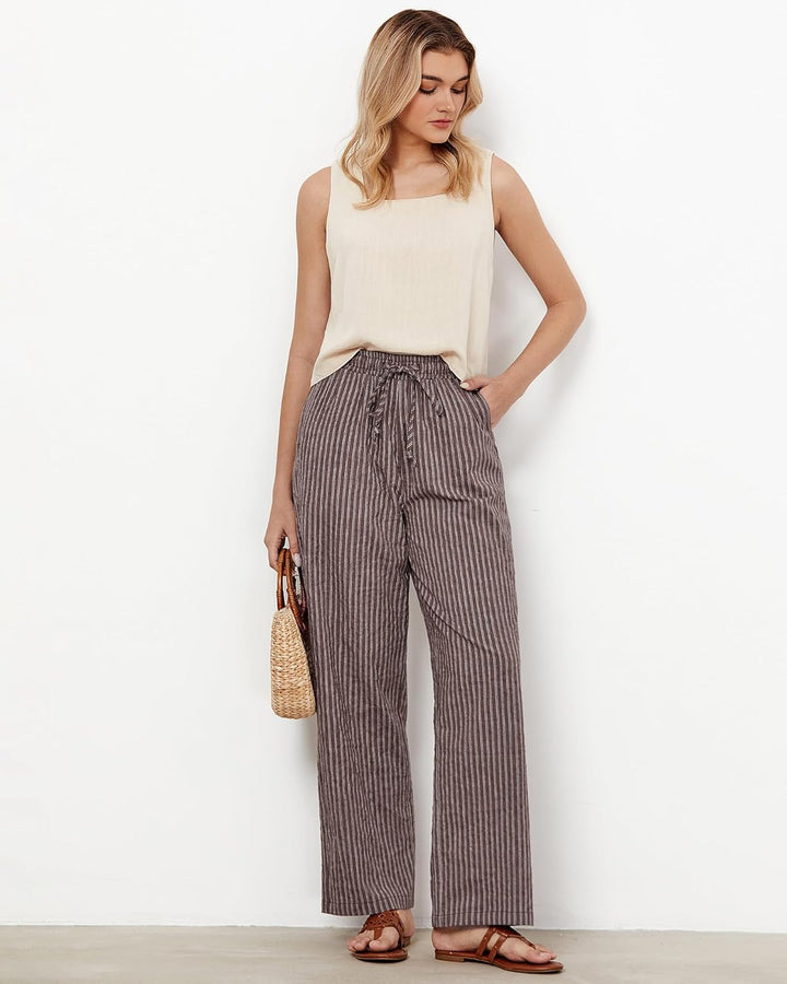 Julie Pantalon Femme Rayé Lin Coupe Large, Taille Haute Élastique Été Chic, vue 5