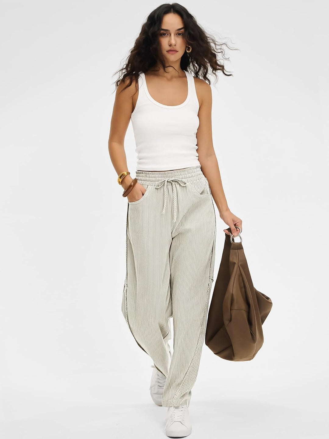 Kim Pantalon Femme Rayé Barrel Coupe Large, Taille Élastique, Style Décontracté