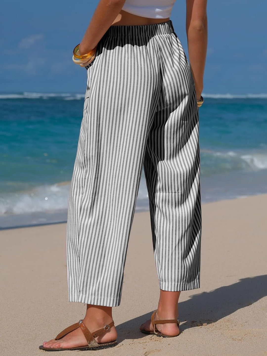 Laura Pantalon Femme Lin Rayé Coupe Large Capri, Taille Élastique, Léger Été, vue 4