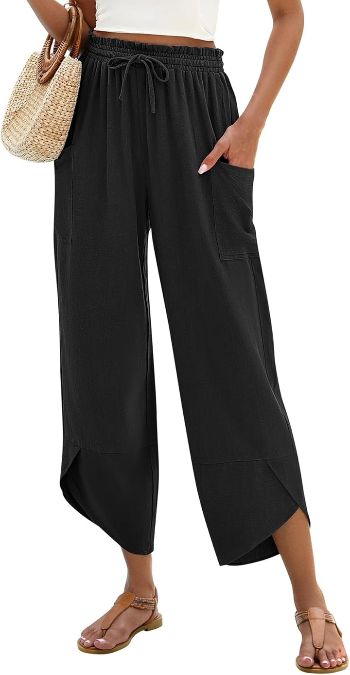 Jade Pantalon Femme Capri Palazzo Lin Bohème Large Taille Élastique & Poches, vue 2