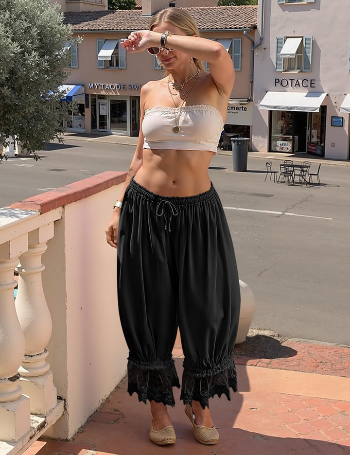Tyra Pantalon Femme Vintage Bloomer Lin Dentelle, Coupe Large Ruffle Été Chic
