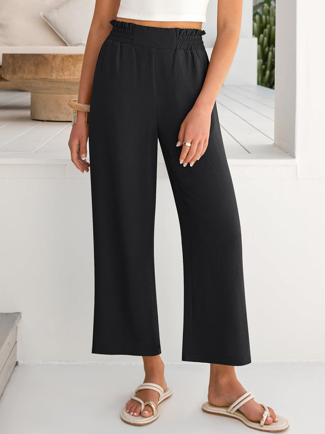 Eva Pantalon Femme Pantalon Palazzo Court Taille Haute & Poches Été, vue 7
