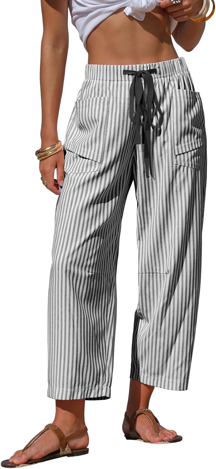 Léna Pantalon Femme Capri Rayé Effet Lin Taille Élastique & Poches, vue 2