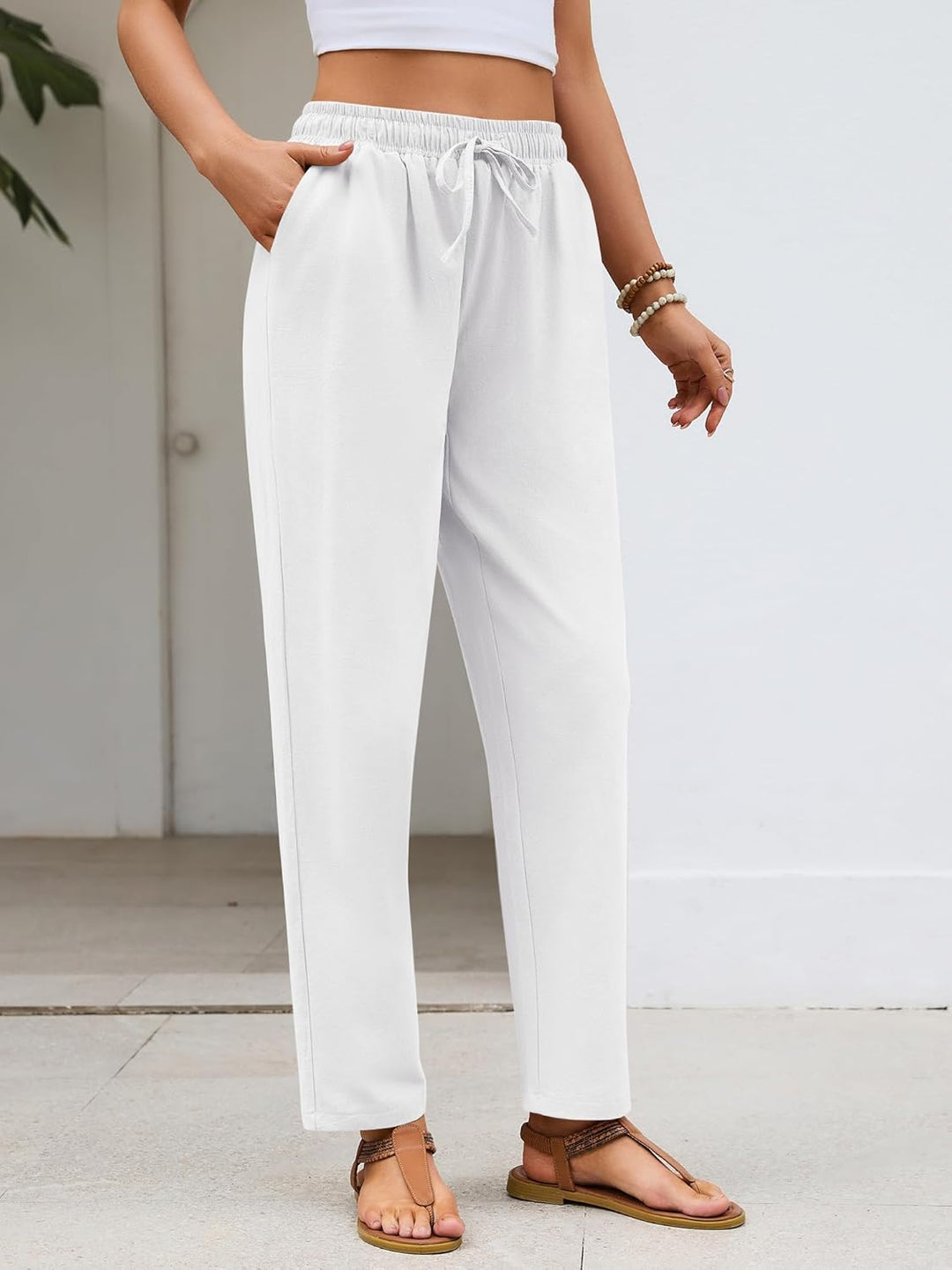 Merry Pantalon Femme Lin Coton Capri Léger, Taille Élastique, Décontracté Été, vue 5