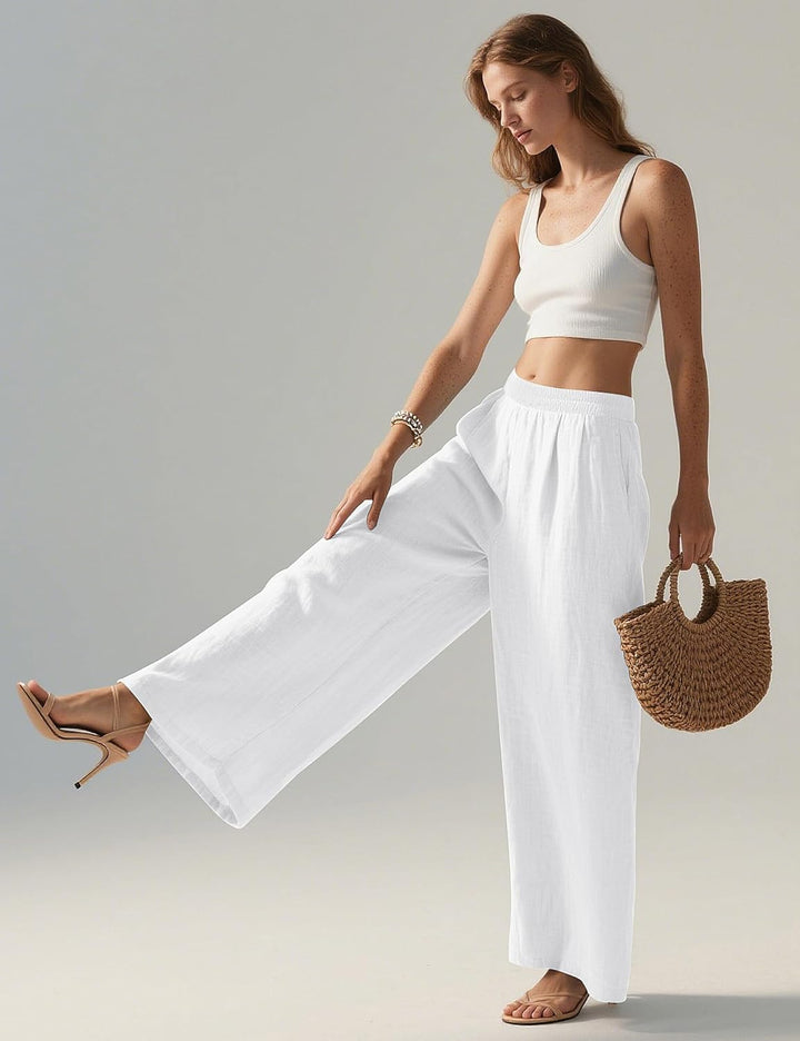 Linda Pantalon Femme Pantalon Lin Palazzo Taille Élastique & Poches Été