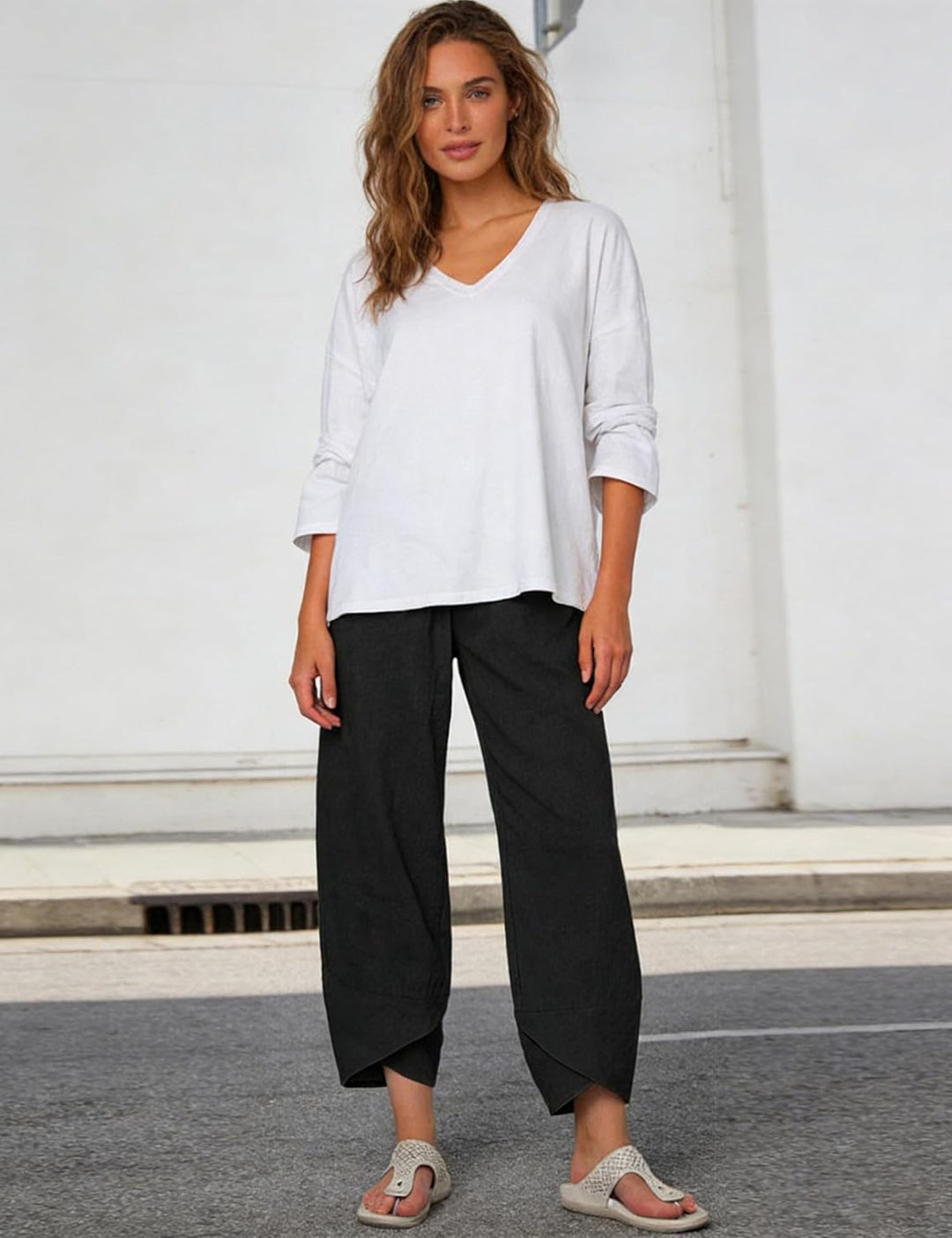 Caprice Pantalon Femme Capri Coton Taille Haute Élastique, Coupe Tulipe Été Chic, vue 2
