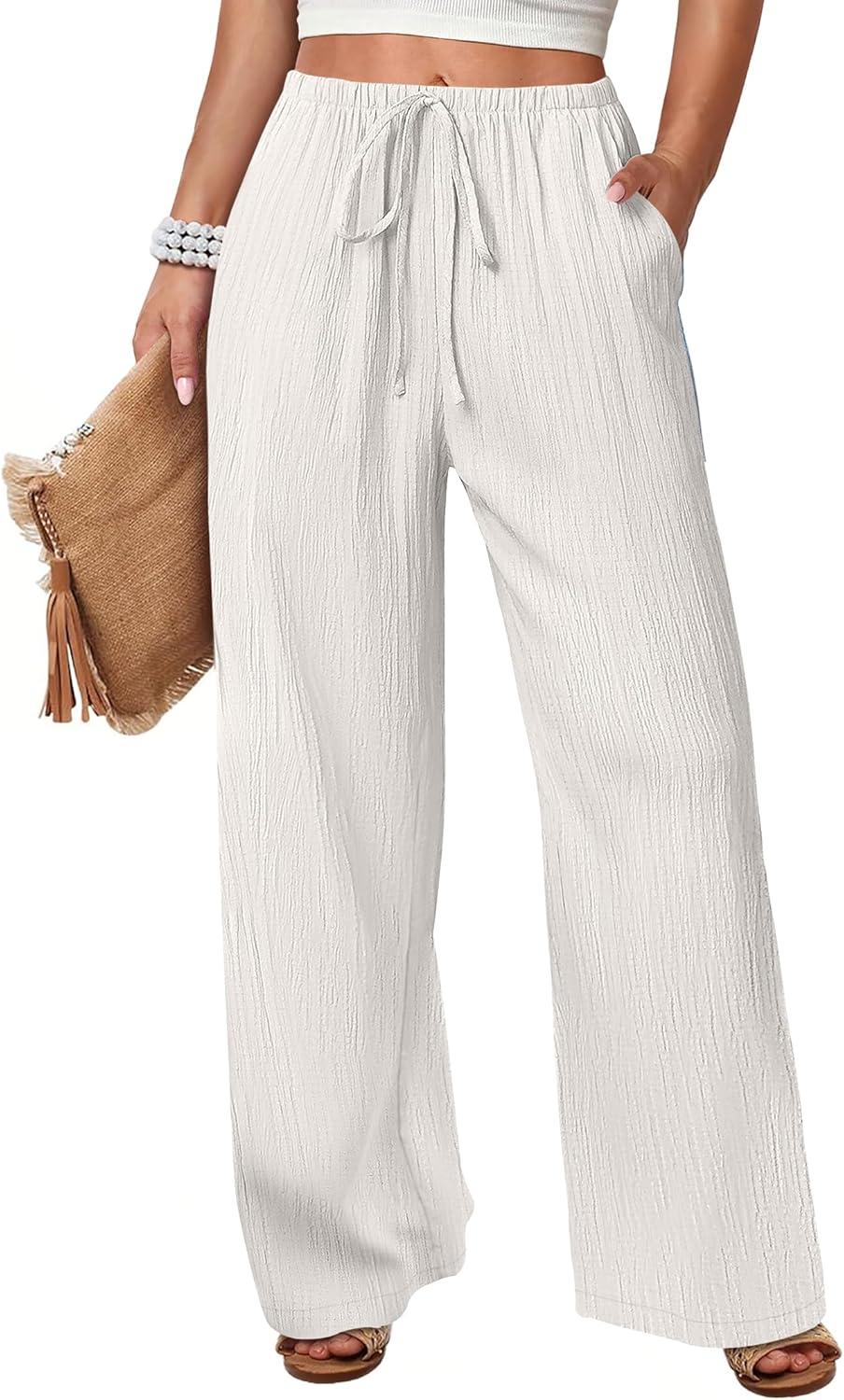 Malaya Pantalon Femme Pantalon Palazzo Large Taille Élastique & Poches Été, vue 2