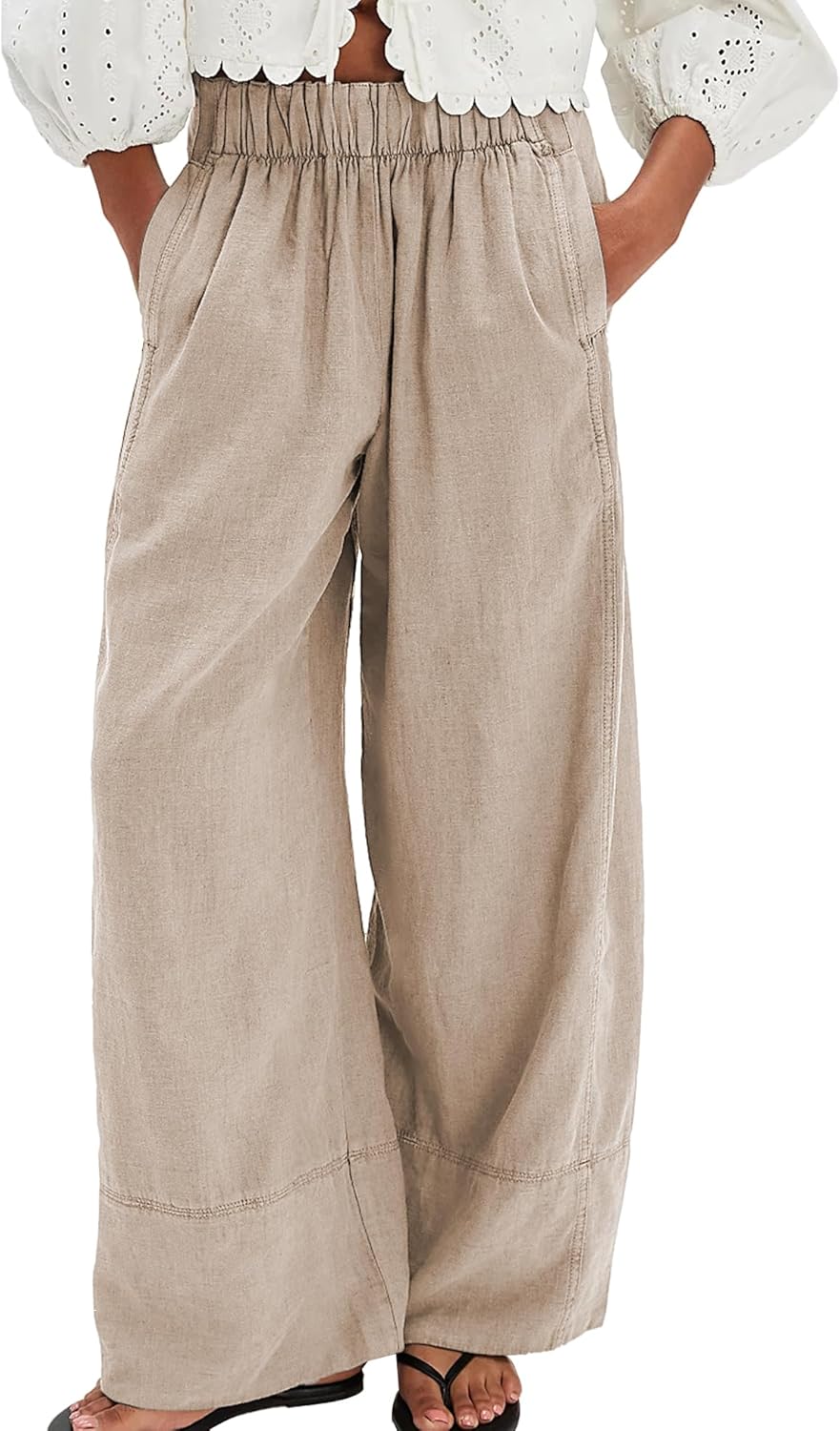 Milan Pantalon Femme Pantalon Lin Palazzo Large Taille Élastique & Poches, vue 3