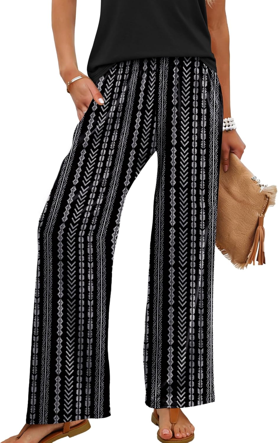 Kendi Pantalon Femme Palazzo Coupe Large Fluide, Taille Élastique Été Chic, vue 4