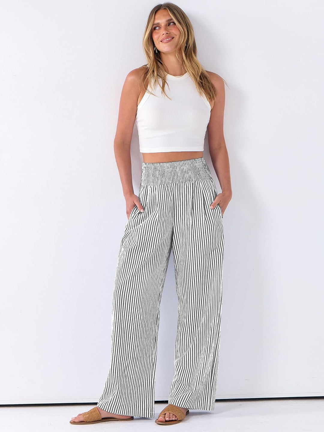 Léah Pantalon Femme Pantalon Palazzo Rayé Taille Haute & Poches Été